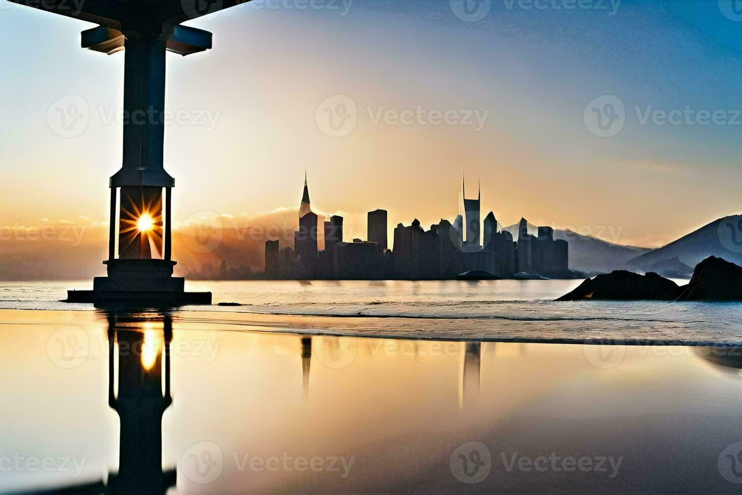 de Sol uppsättningar över de stad horisont i hong kong. ai-genererad foto