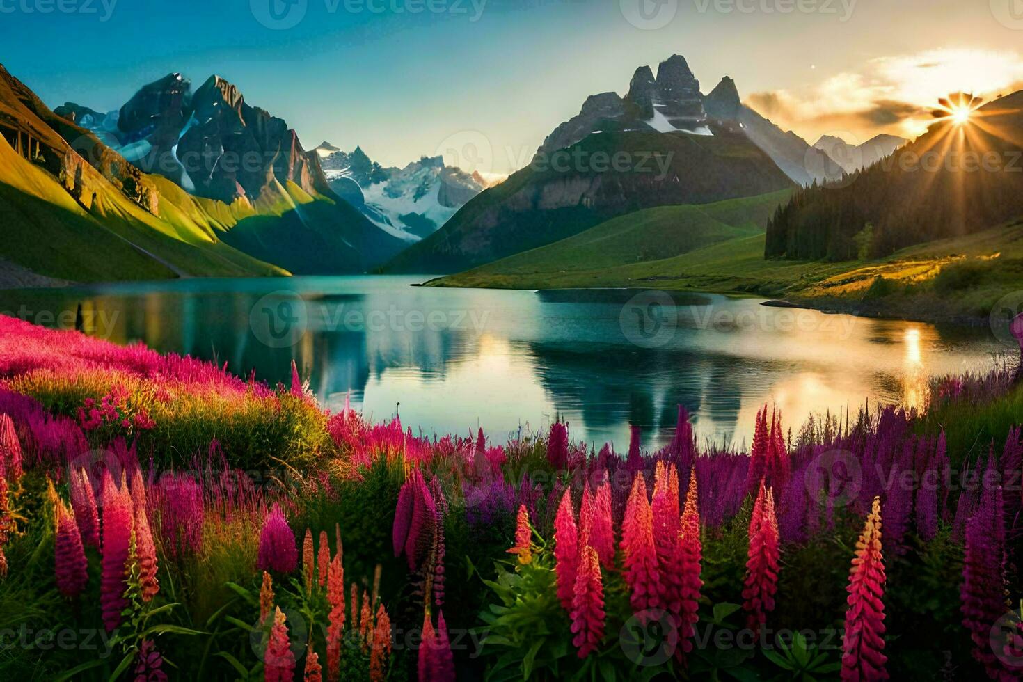 de Sol lyser över en sjö och lila blommor i de berg. ai-genererad foto