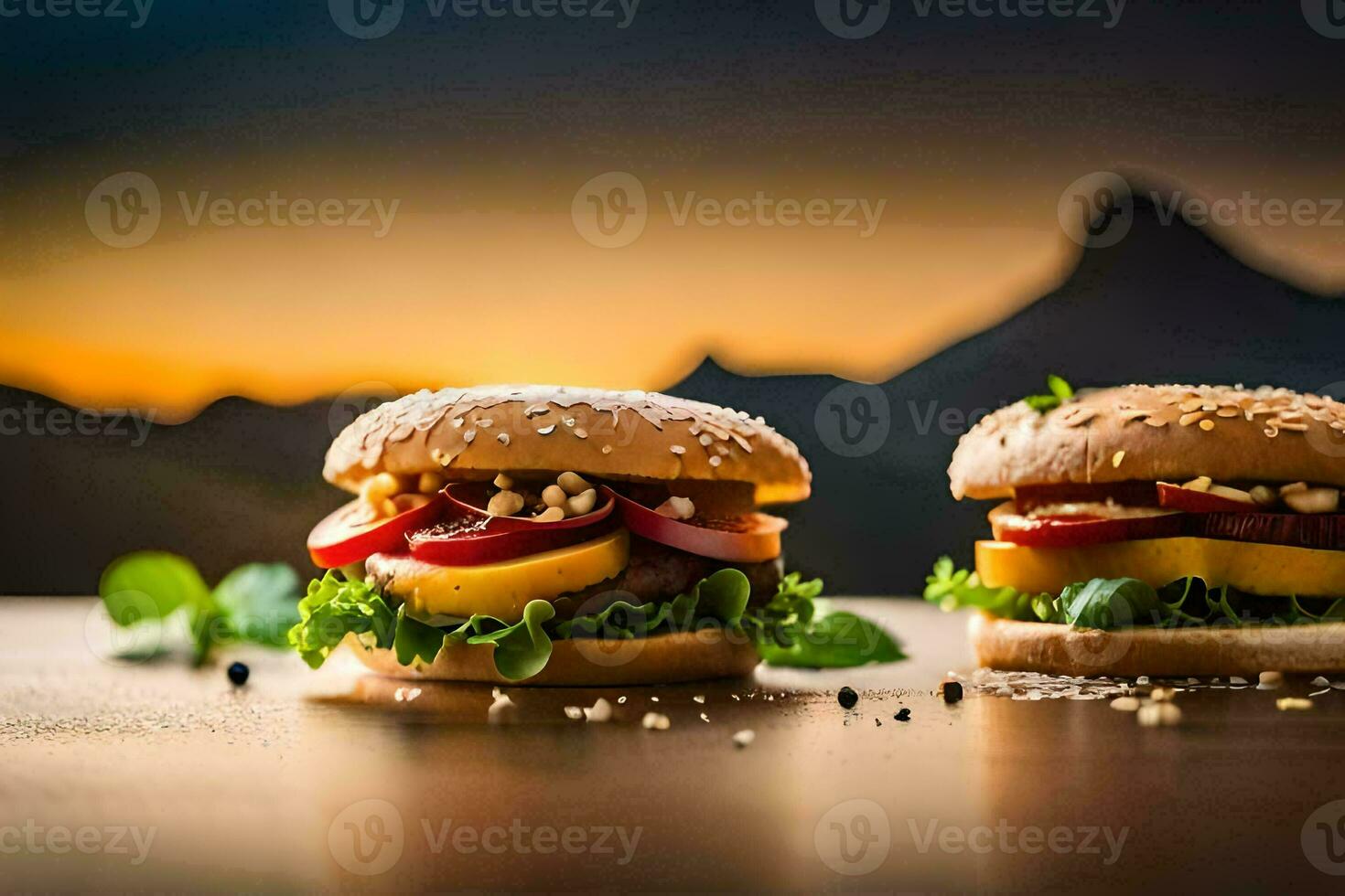 två hamburgare med tomater och sallad på en tabell. ai-genererad foto