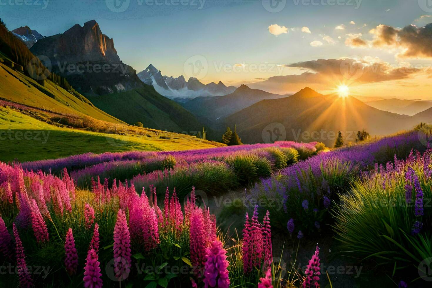 de Sol stiger över de bergen och blommor i de förgrund. ai-genererad foto