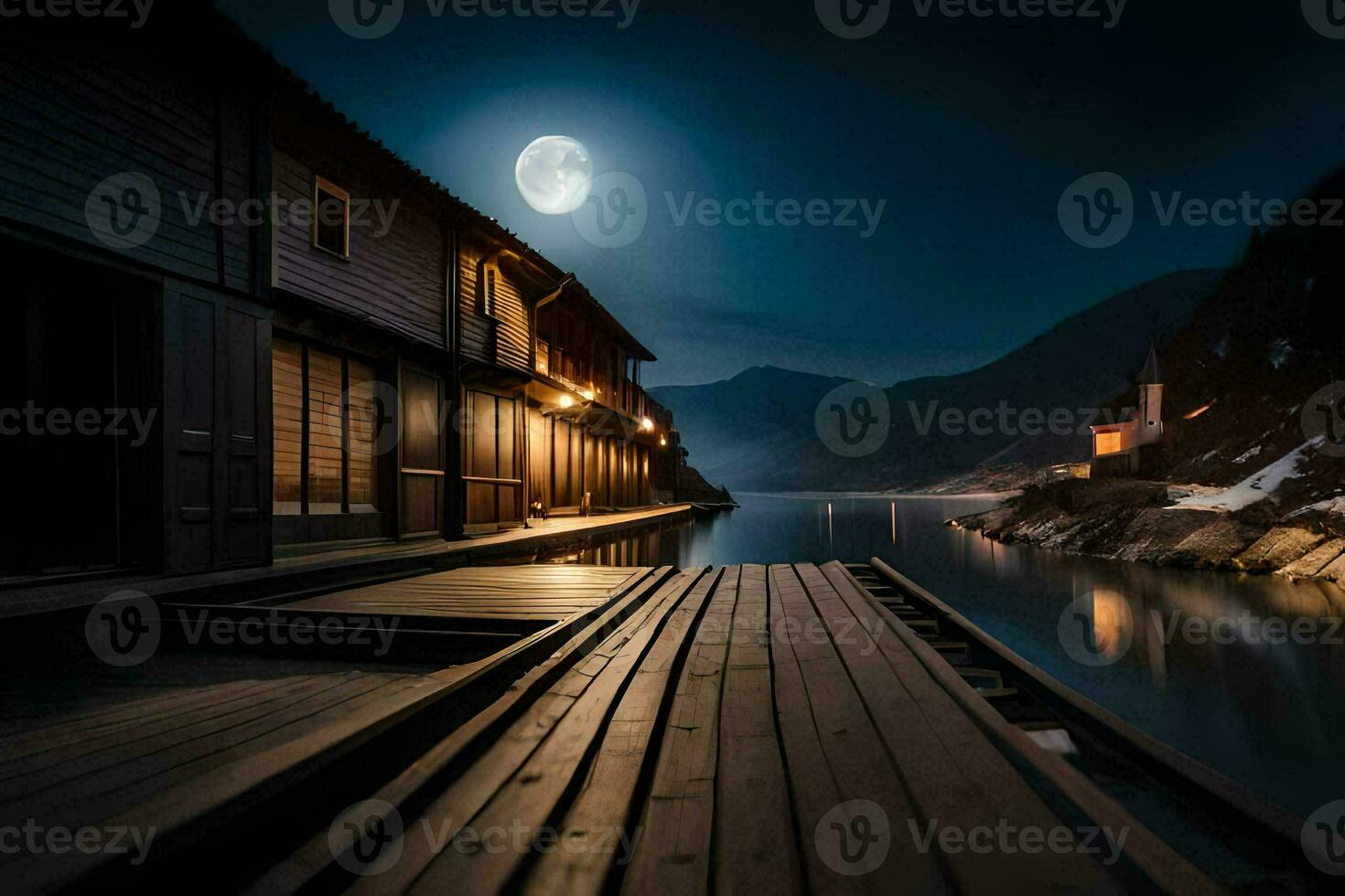 en trä- docka på natt med en full måne. ai-genererad foto