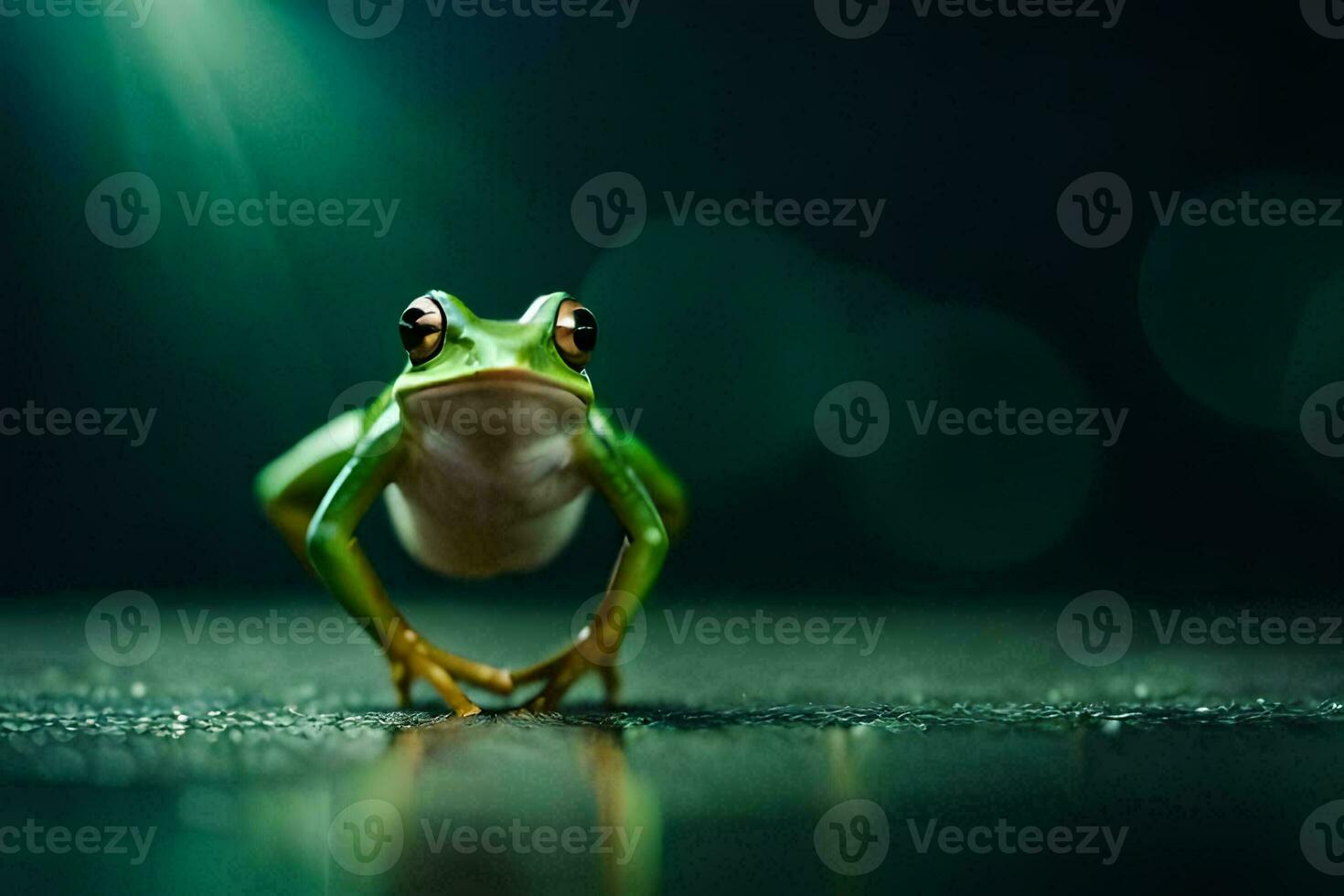 en groda är stående på de jord med en grön ljus. ai-genererad foto