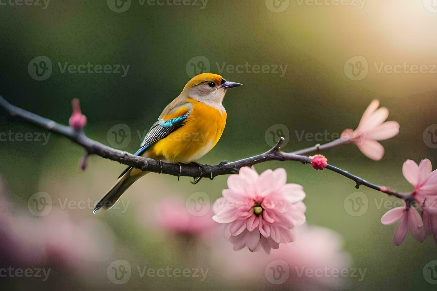 Foto tapet de fågel, blommor, vår, de Sol, de fågel, de fågel, de. ai-genererad