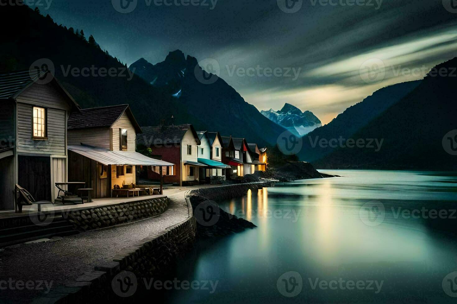 Foto tapet de himmel, berg, vatten, hus, norge, de fjordar. ai-genererad