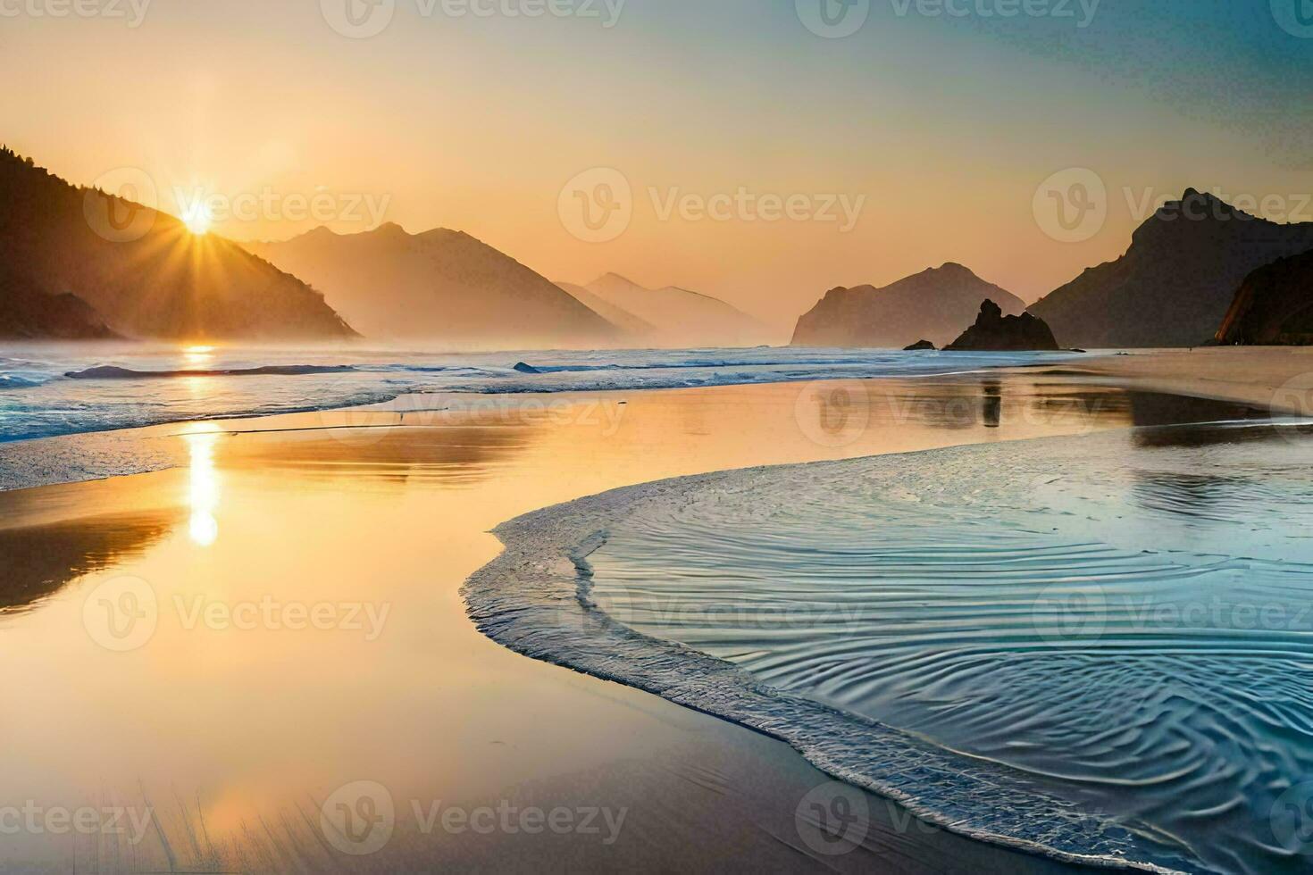 de Sol stiger över de hav och vågor på en strand. ai-genererad foto