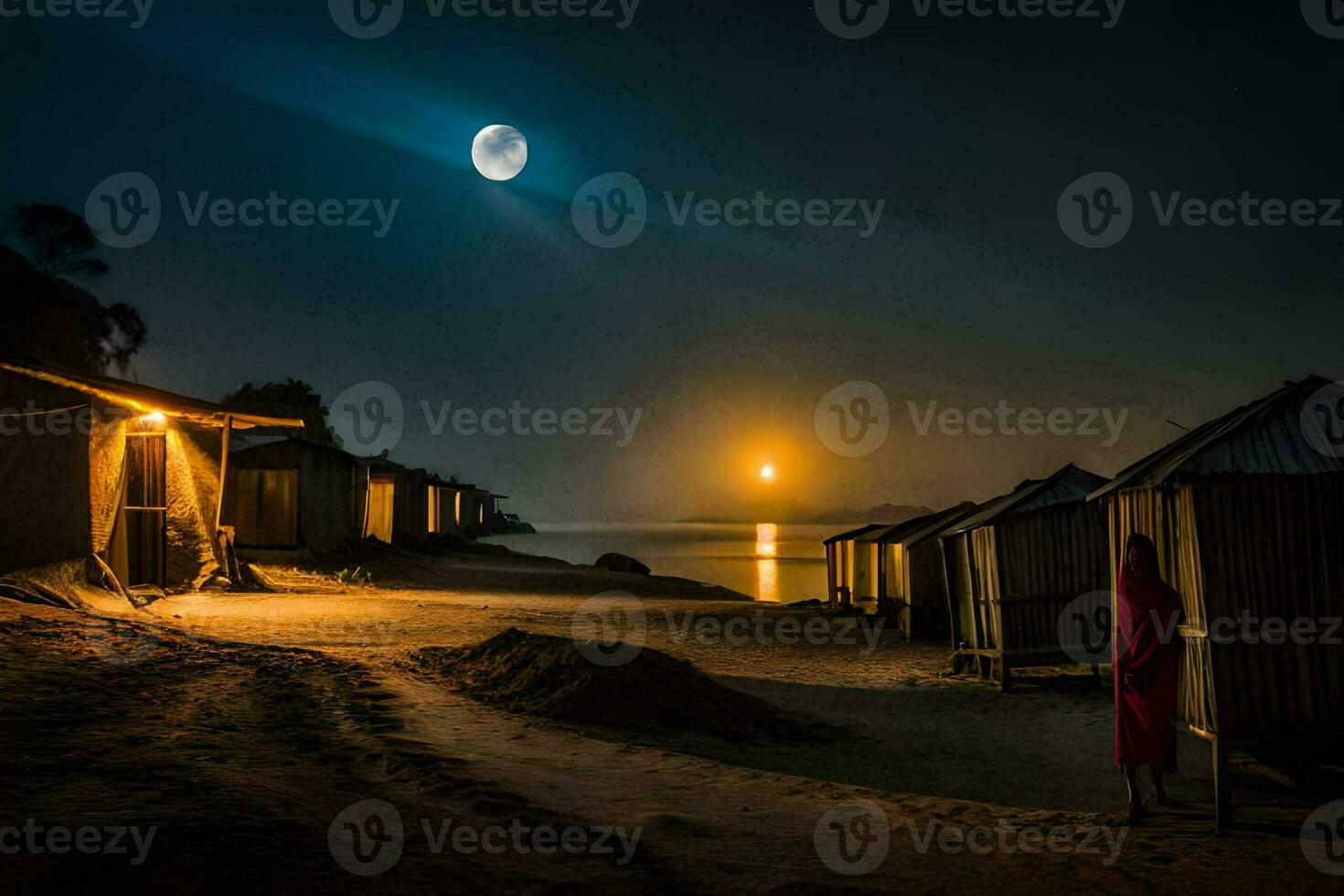 de måne är lysande över en strand med hyddor och en kvinna stående i främre av dem. ai-genererad foto