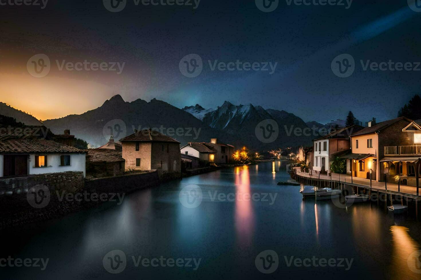 en flod kör genom en stad på natt med bergen i de bakgrund. ai-genererad foto