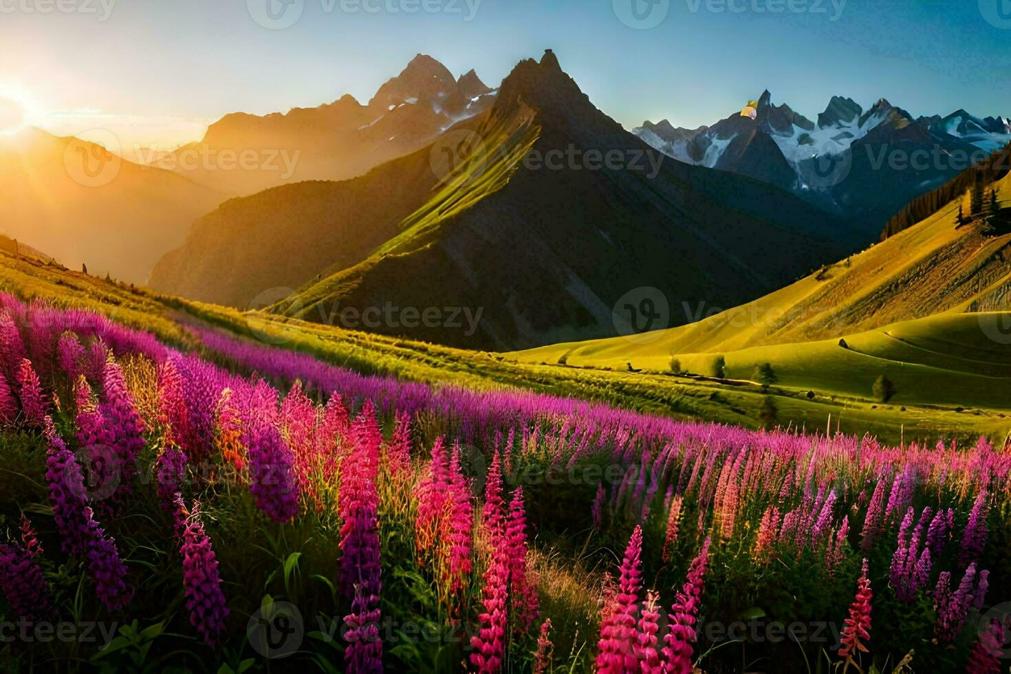 de Sol stiger över de bergen och de blommor blomma i de dal. ai-genererad foto