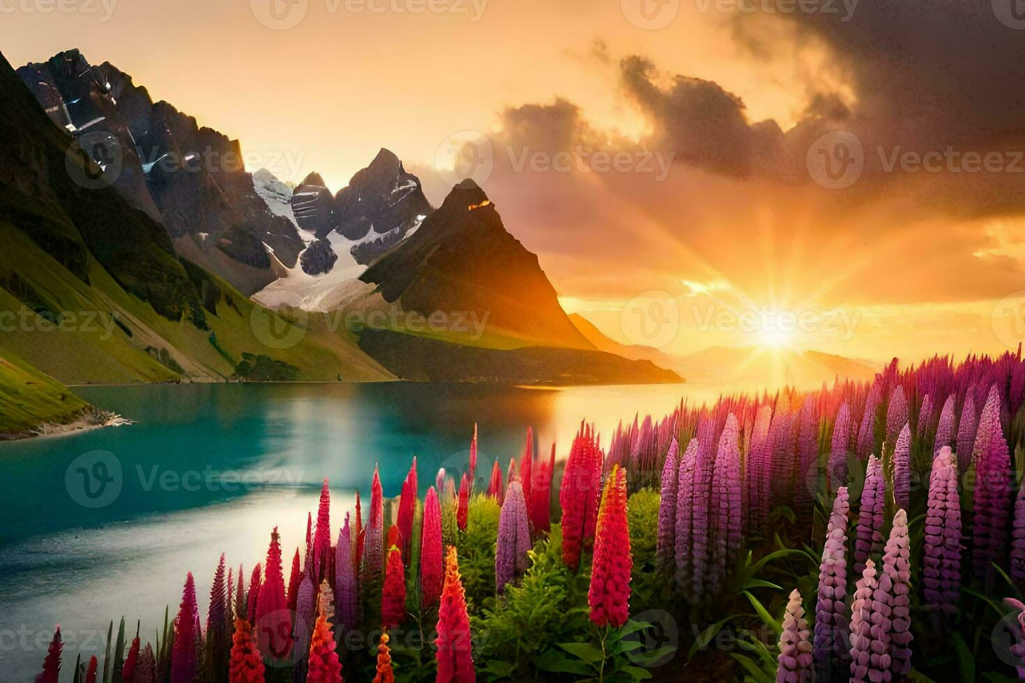 de Sol stiger över de bergen och de blommor blomma i främre av de sjö. ai-genererad foto