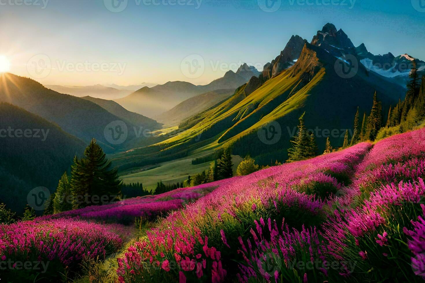 de Sol stiger över de bergen och blommor i de förgrund. ai-genererad foto