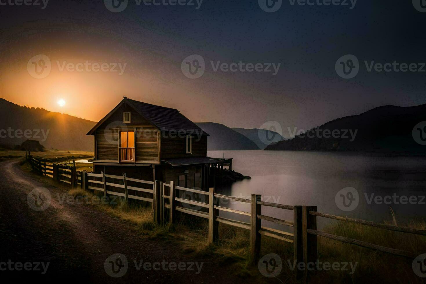 en små trä- hus sitter på de Strand av en sjö på solnedgång. ai-genererad foto