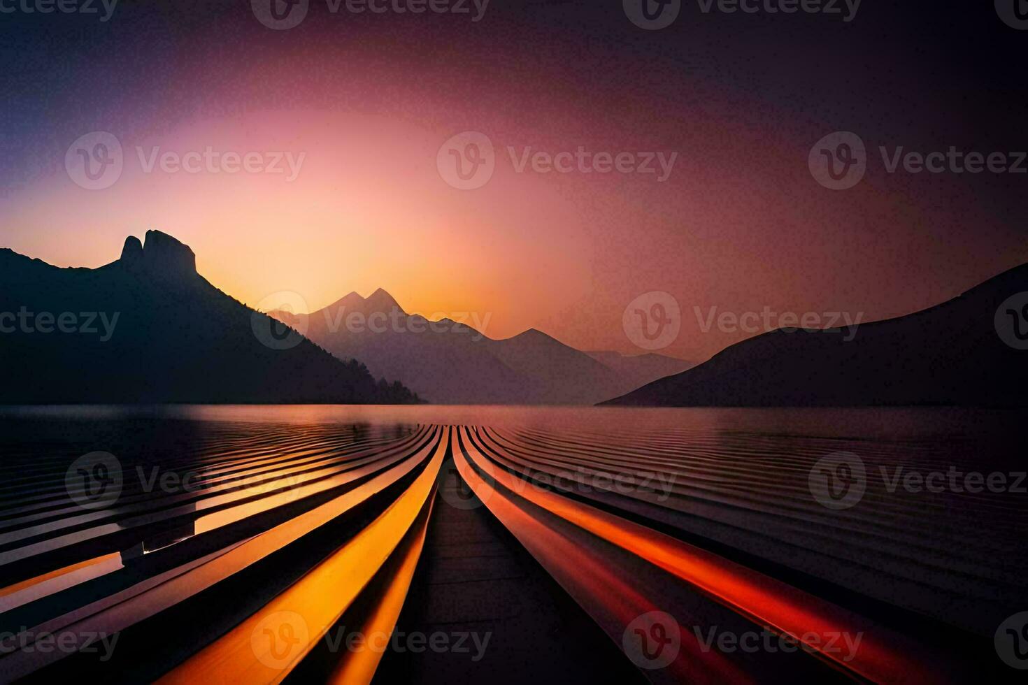 en lång exponering fotografera av en berg räckvidd på solnedgång. ai-genererad foto
