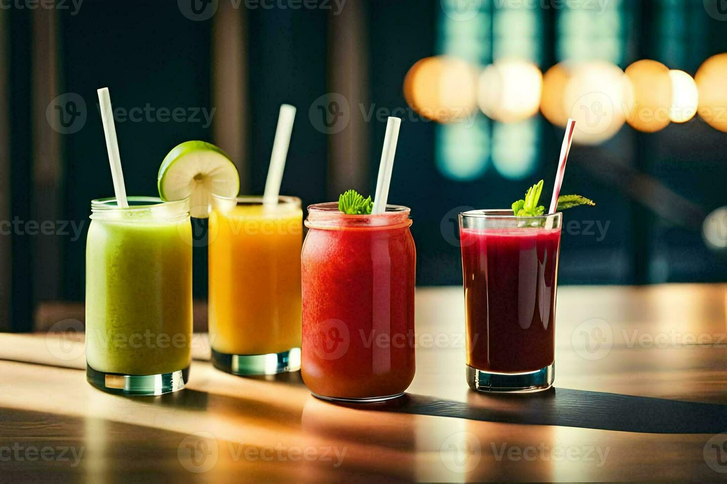 fyra annorlunda typer av juicer i glasögon. ai-genererad foto
