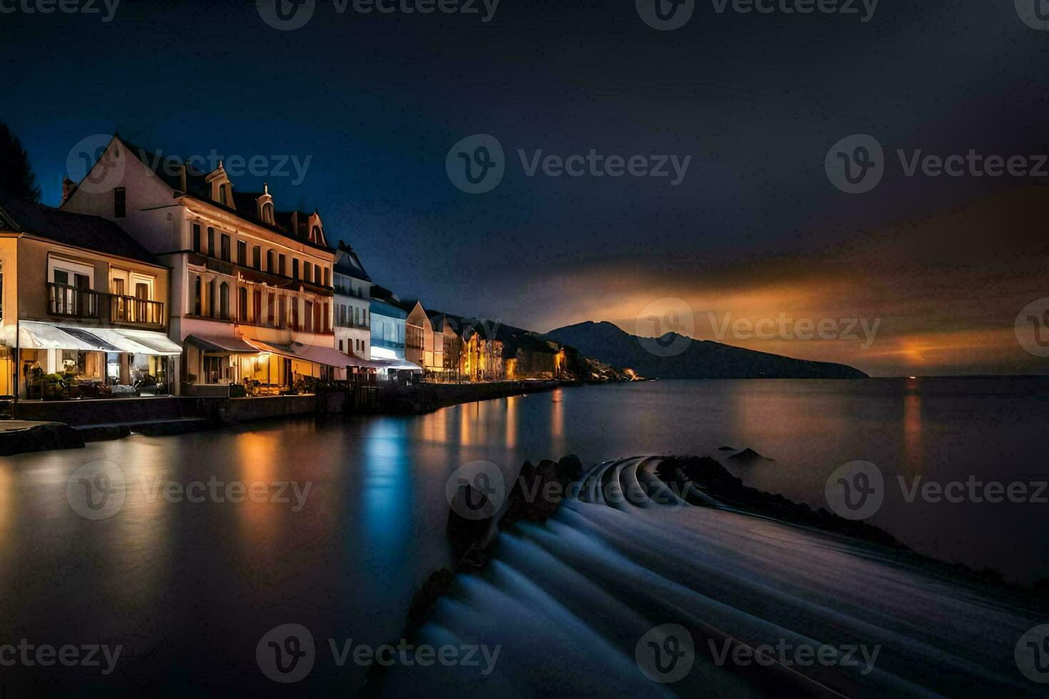 en lång exponering fotografera av en stad på natt. ai-genererad foto