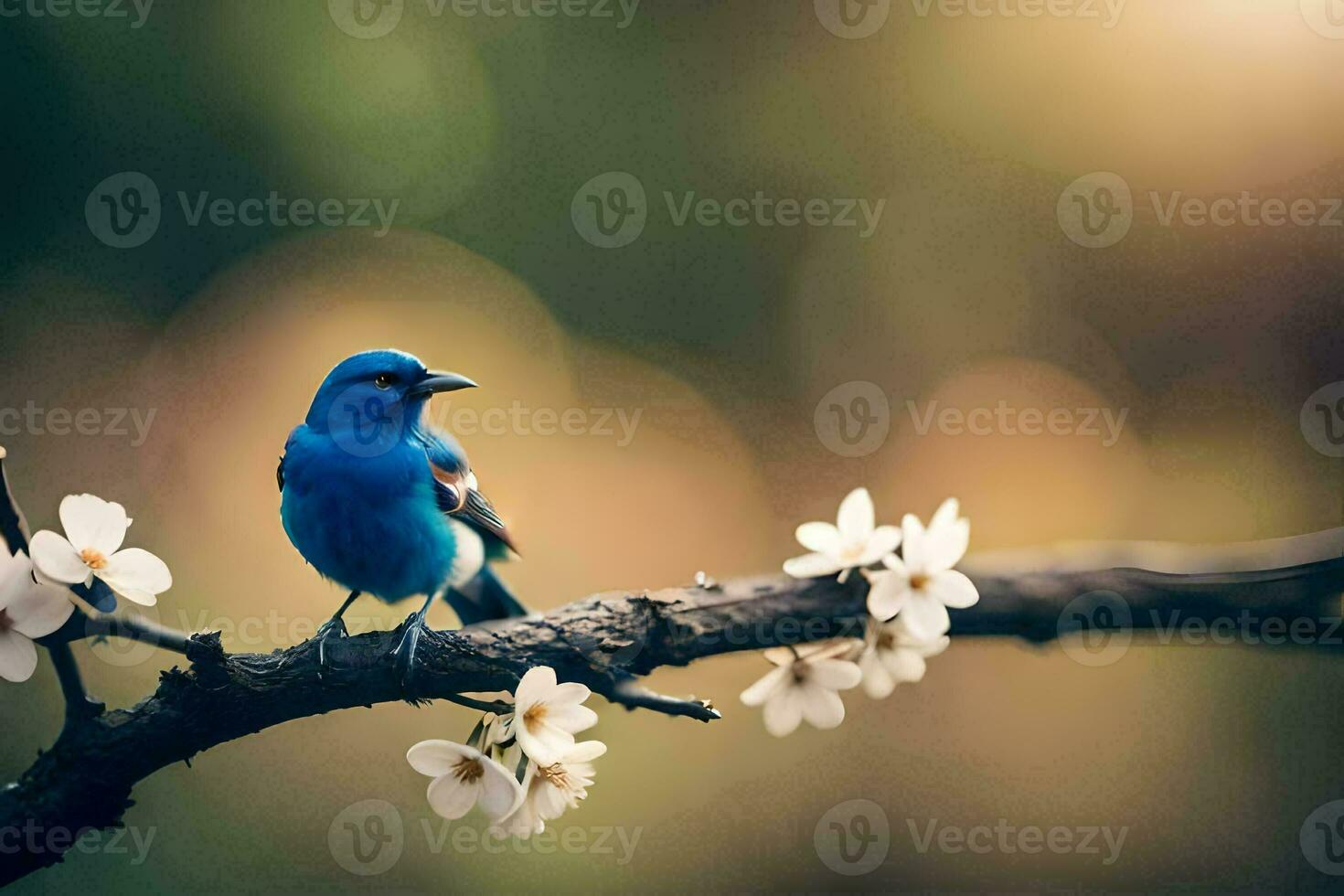 en blå fågel är uppflugen på en gren med blommor. ai-genererad foto