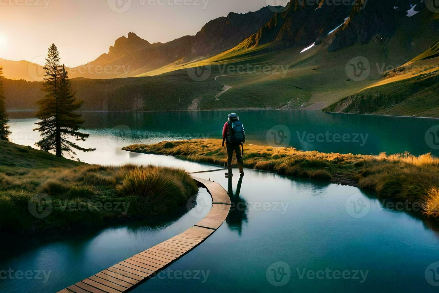 en man stående på en trä- bro över en sjö. ai-genererad foto