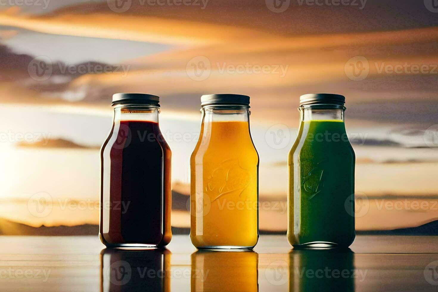 tre flaskor av juice på en tabell med en solnedgång i de bakgrund. ai-genererad foto