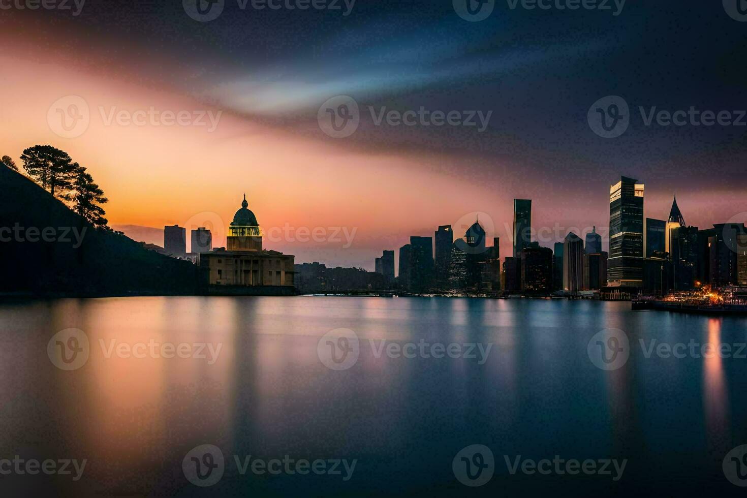 de stad horisont på solnedgång i hong. ai-genererad foto