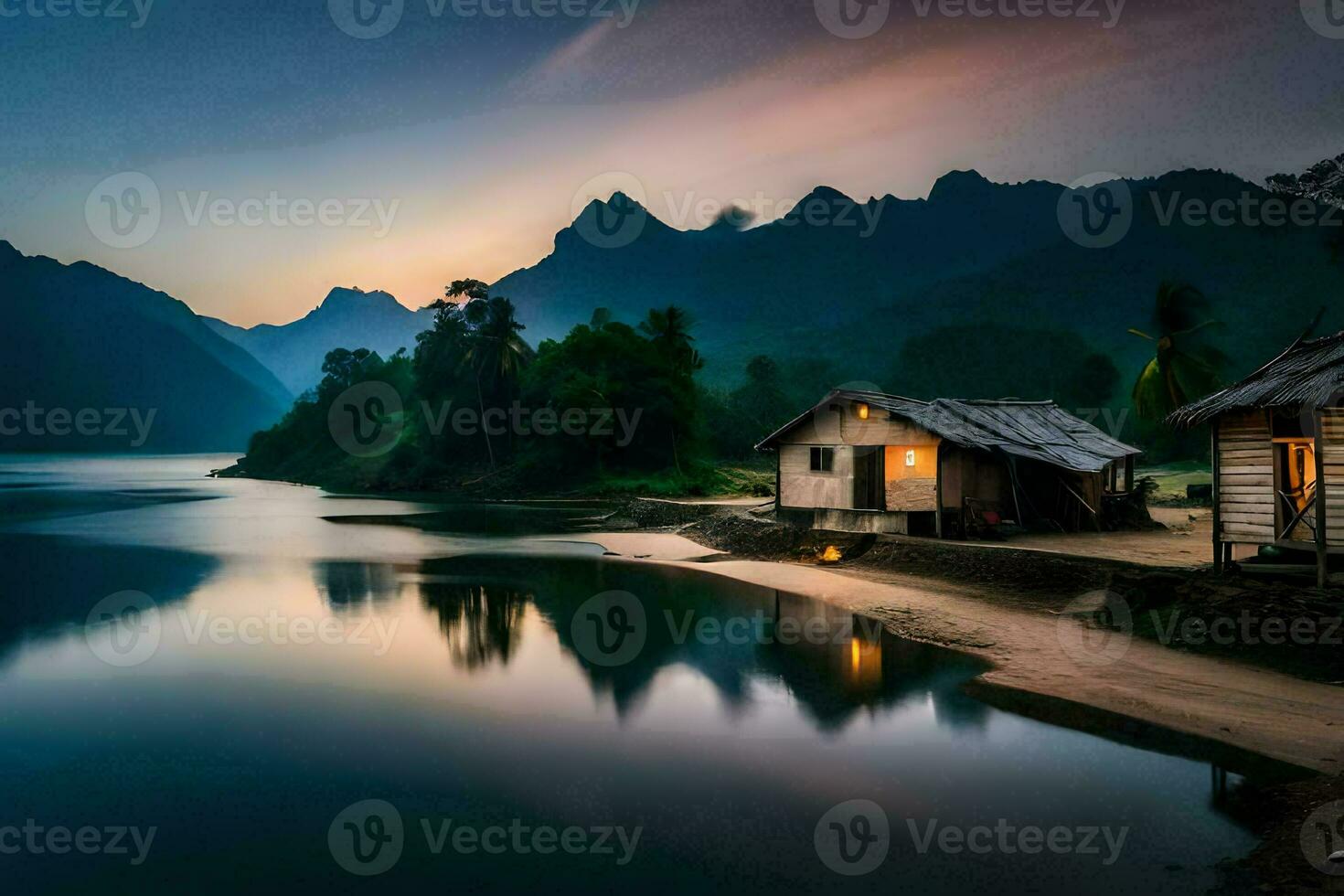 en små stuga sitter på de Strand av en sjö på solnedgång. ai-genererad foto