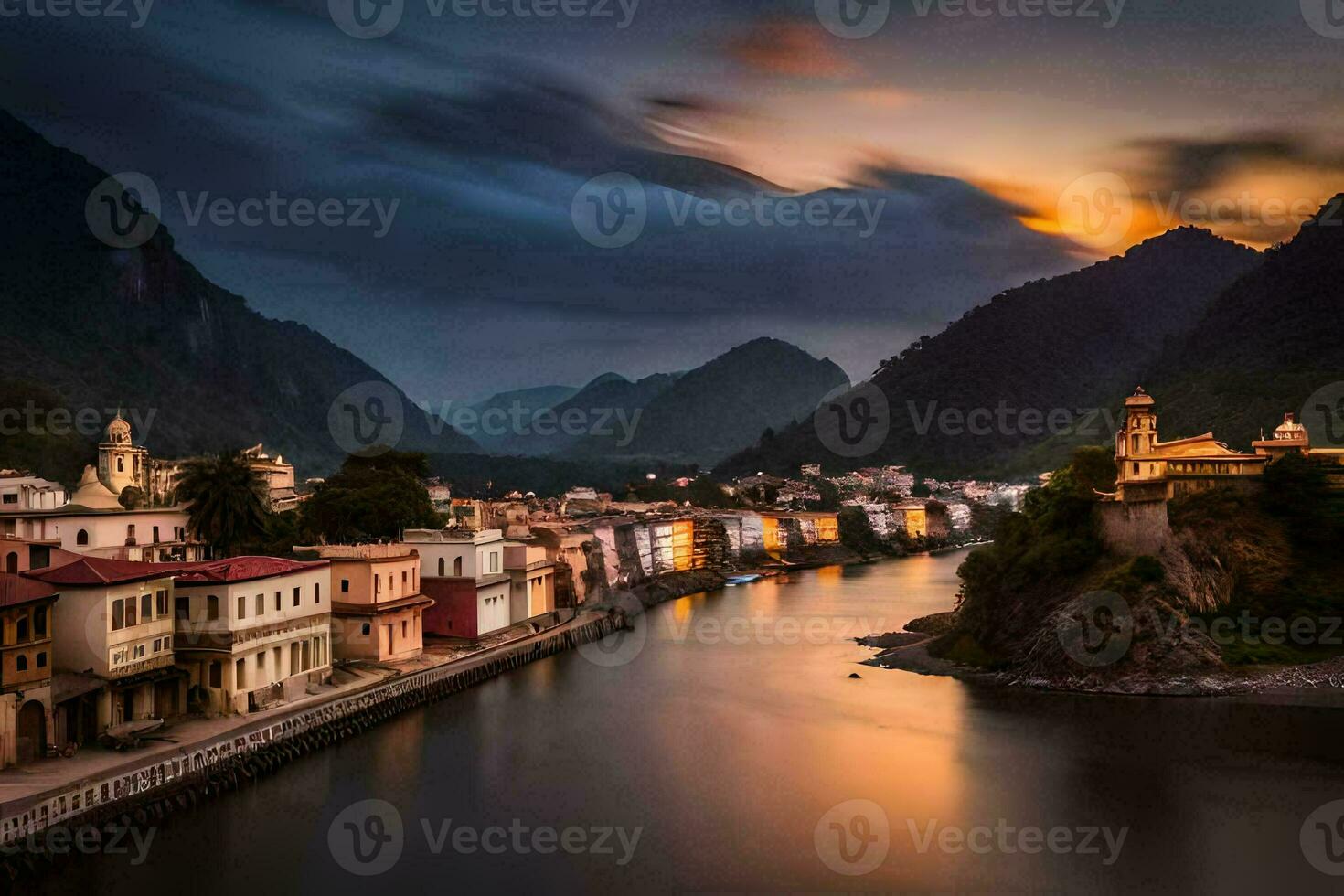 Foto tapet de himmel, berg, flod, stad, solnedgång, de stad, de flod,. ai-genererad