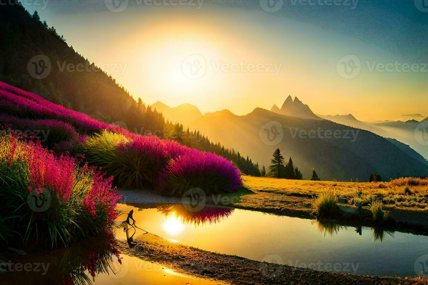 de Sol stiger över en berg räckvidd med lila blommor. ai-genererad foto