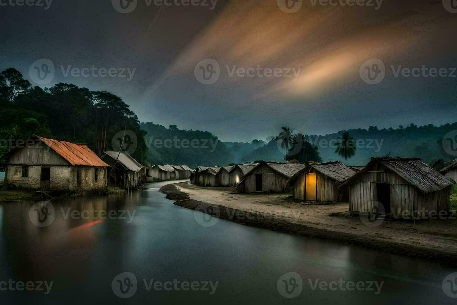 en flod med hus på den på natt. ai-genererad foto