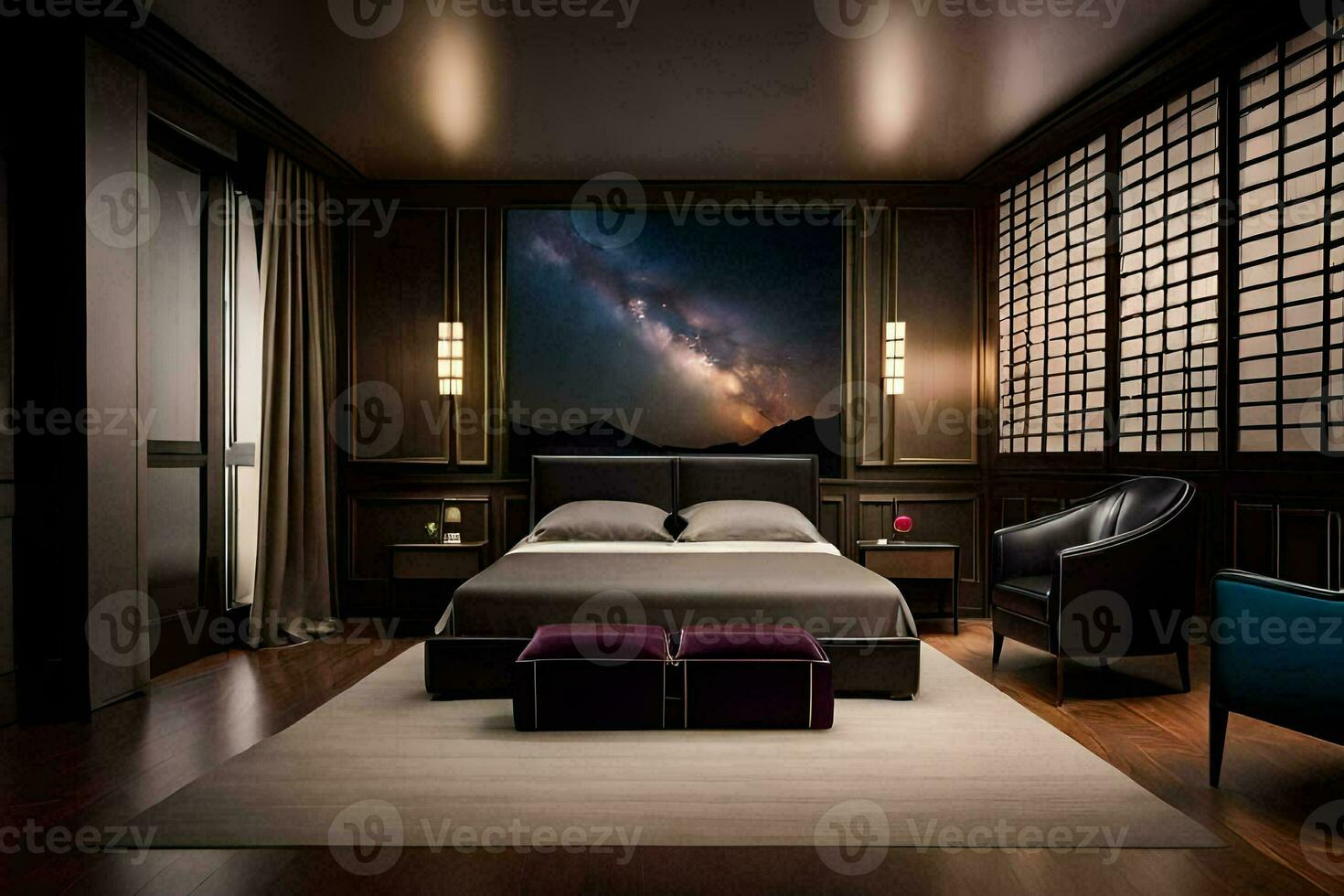 en sovrum med en stor säng och en vägg målning. ai-genererad foto