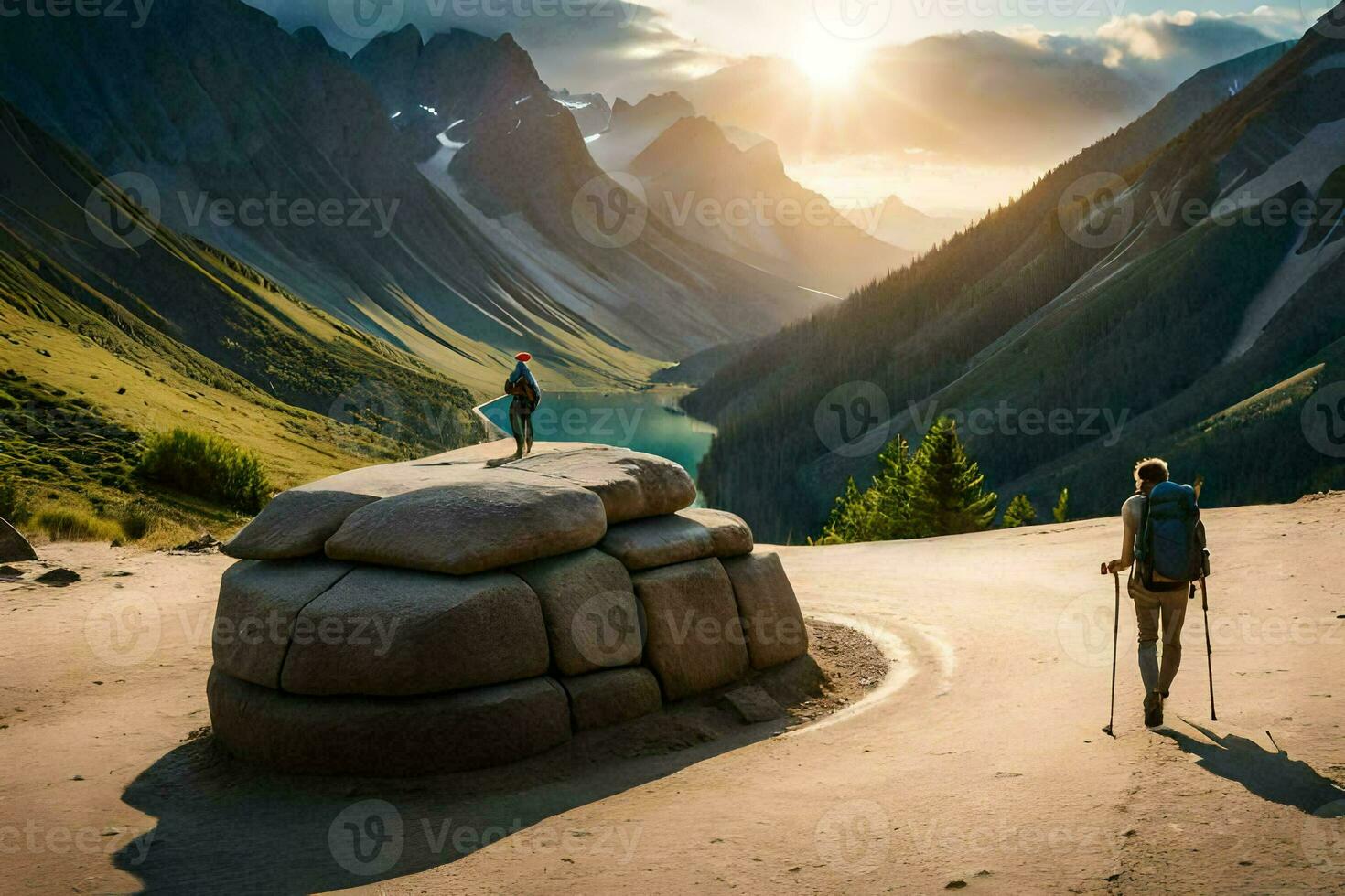 två människor stå på en sten i de berg. ai-genererad foto