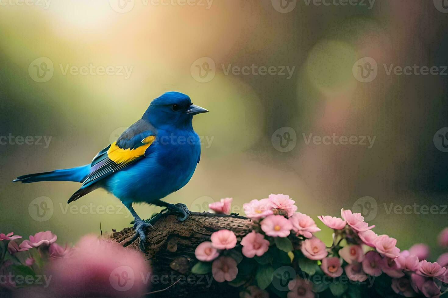 en blå fågel med gul vingar sitter på en gren med rosa blommor. ai-genererad foto