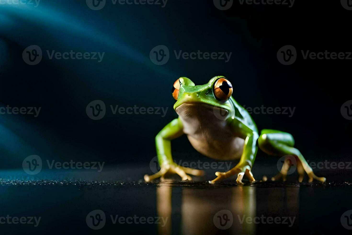 en groda är stående på en mörk bakgrund. ai-genererad foto