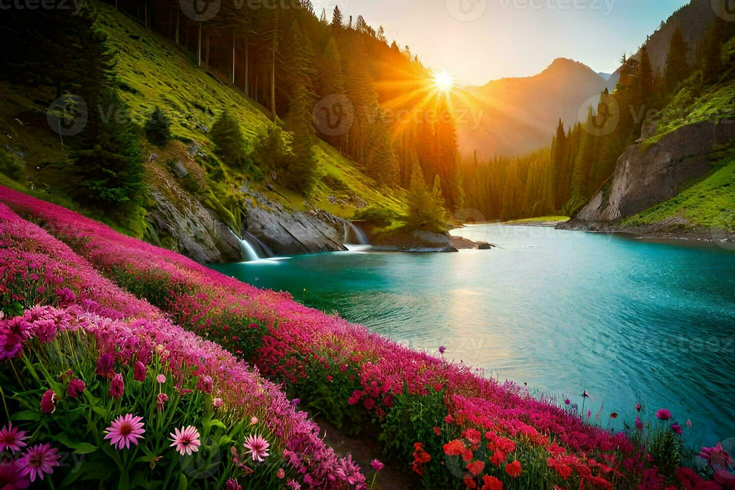 de Sol lyser över en flod och blommor i de berg. ai-genererad foto