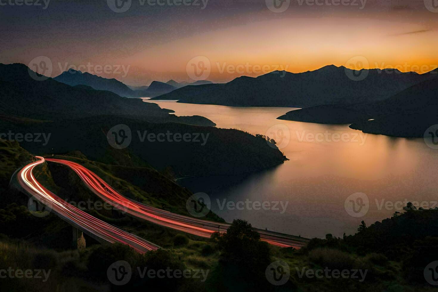 en bil enheter längs en lindning väg i de bergen på solnedgång. ai-genererad foto