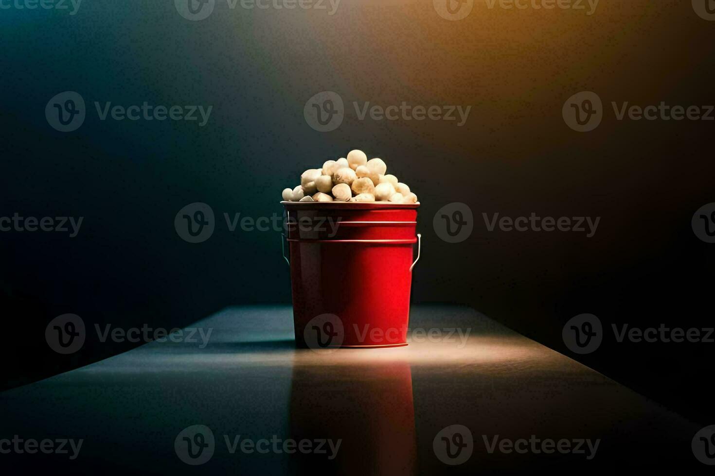 en röd hink fylld med popcorn på en tabell. ai-genererad foto