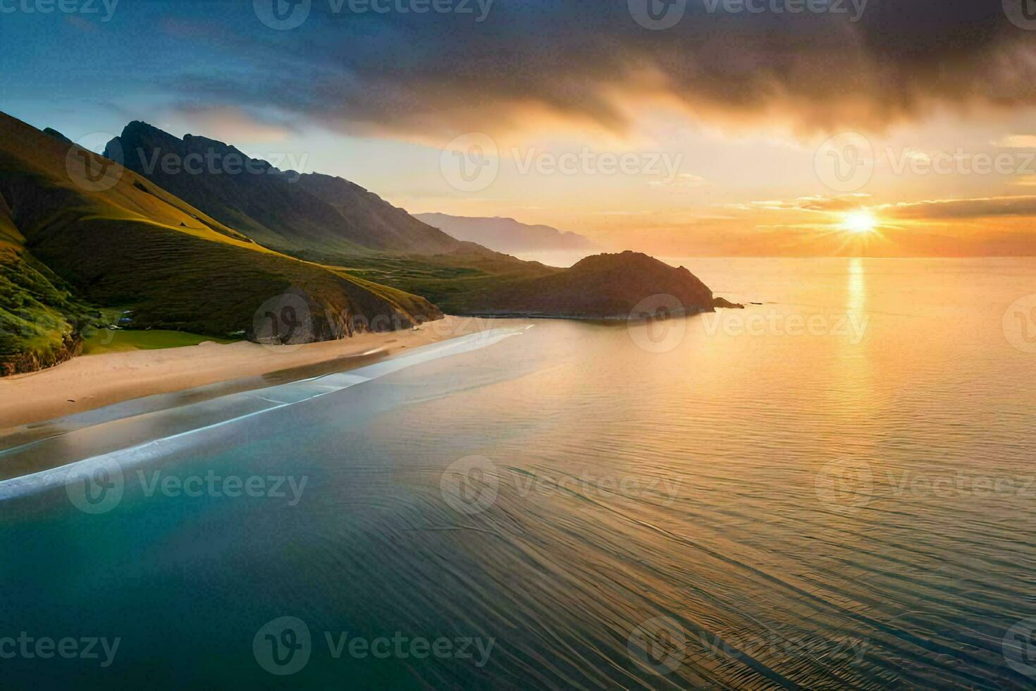 de Sol uppsättningar över de hav och bergen i detta skön Foto. ai-genererad foto