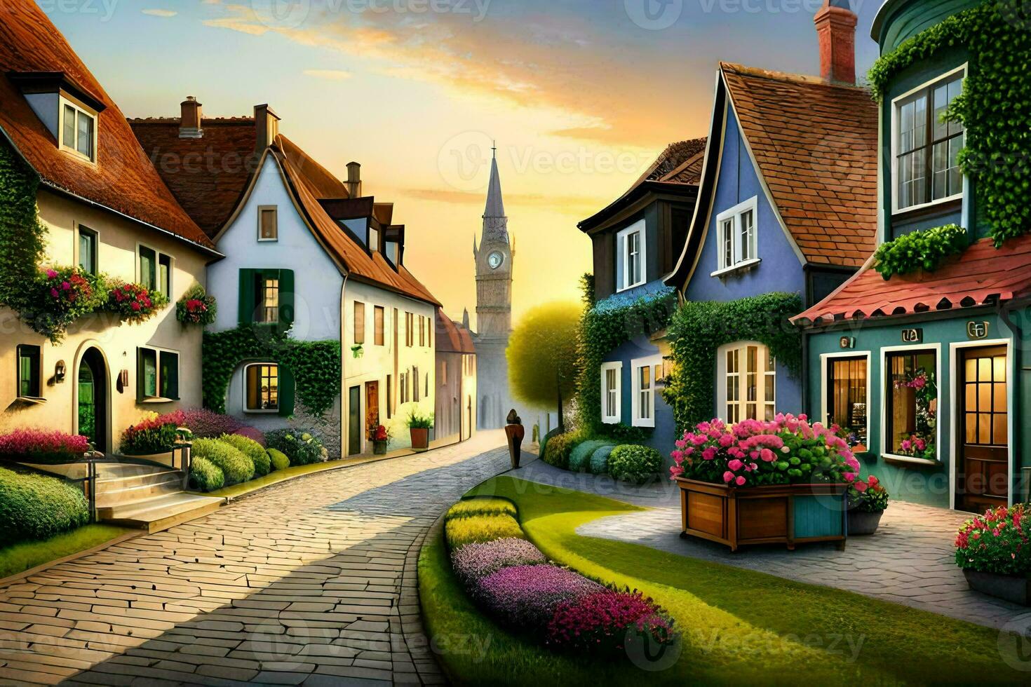 en målning av en gata med hus och blommor. ai-genererad foto