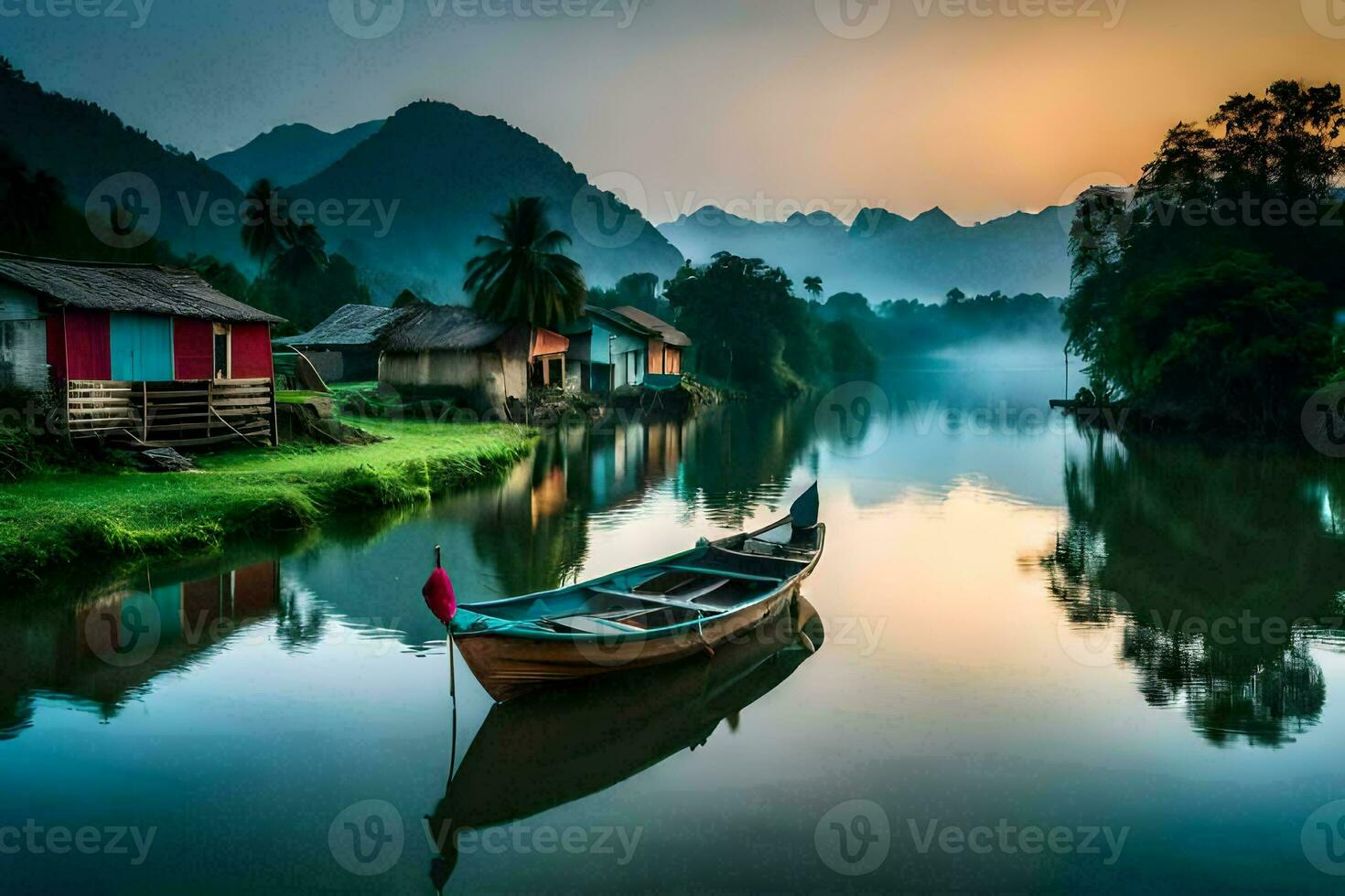 en båt är dockad i de vatten nära en by. ai-genererad foto