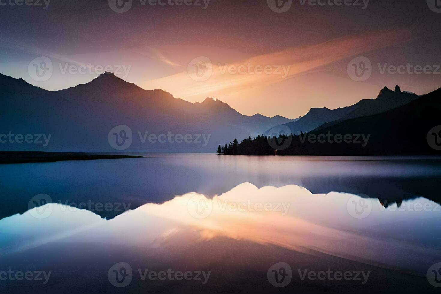 en berg räckvidd är reflekterad i de vatten på solnedgång. ai-genererad foto