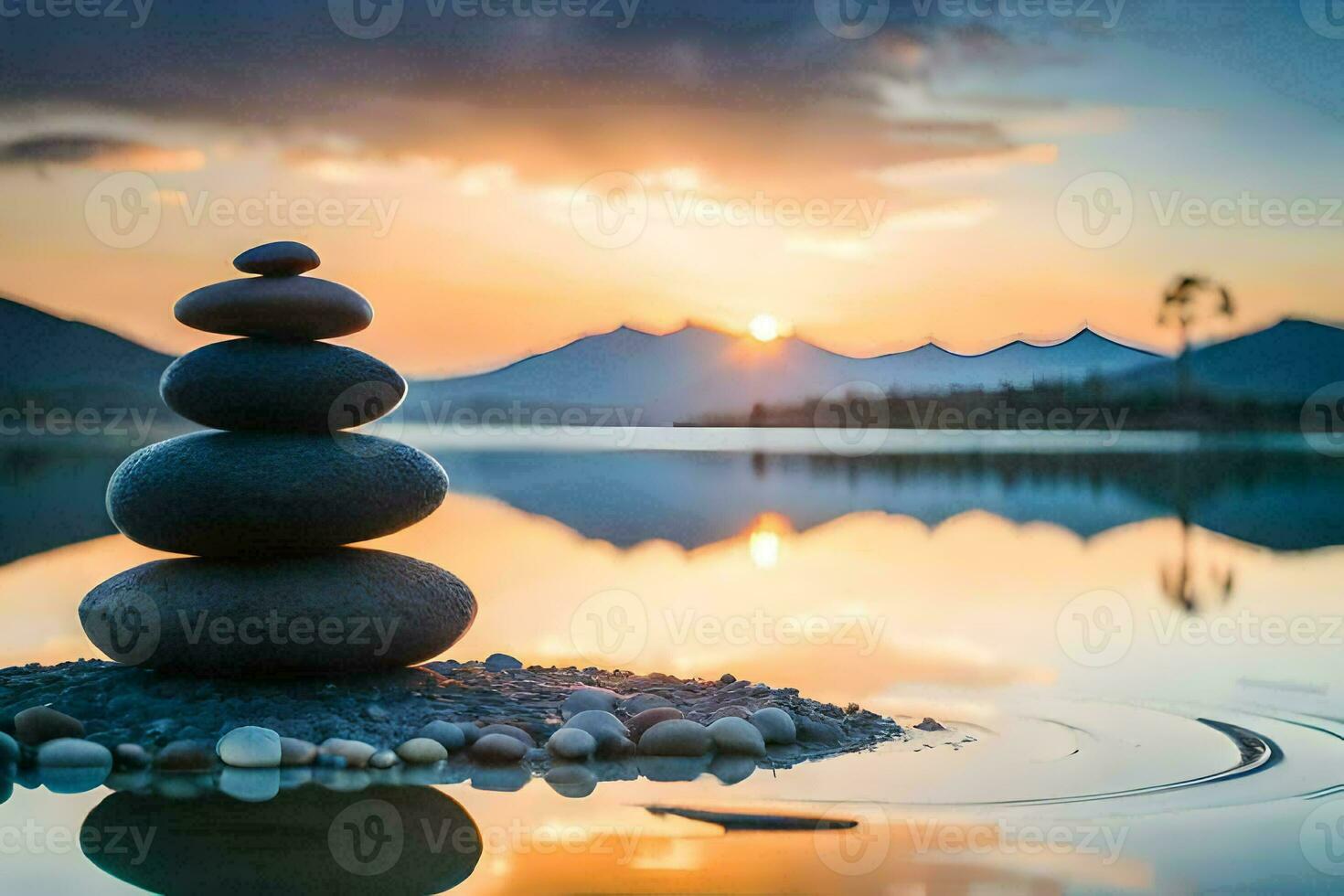 staplade stenar i de vatten på solnedgång. ai-genererad foto