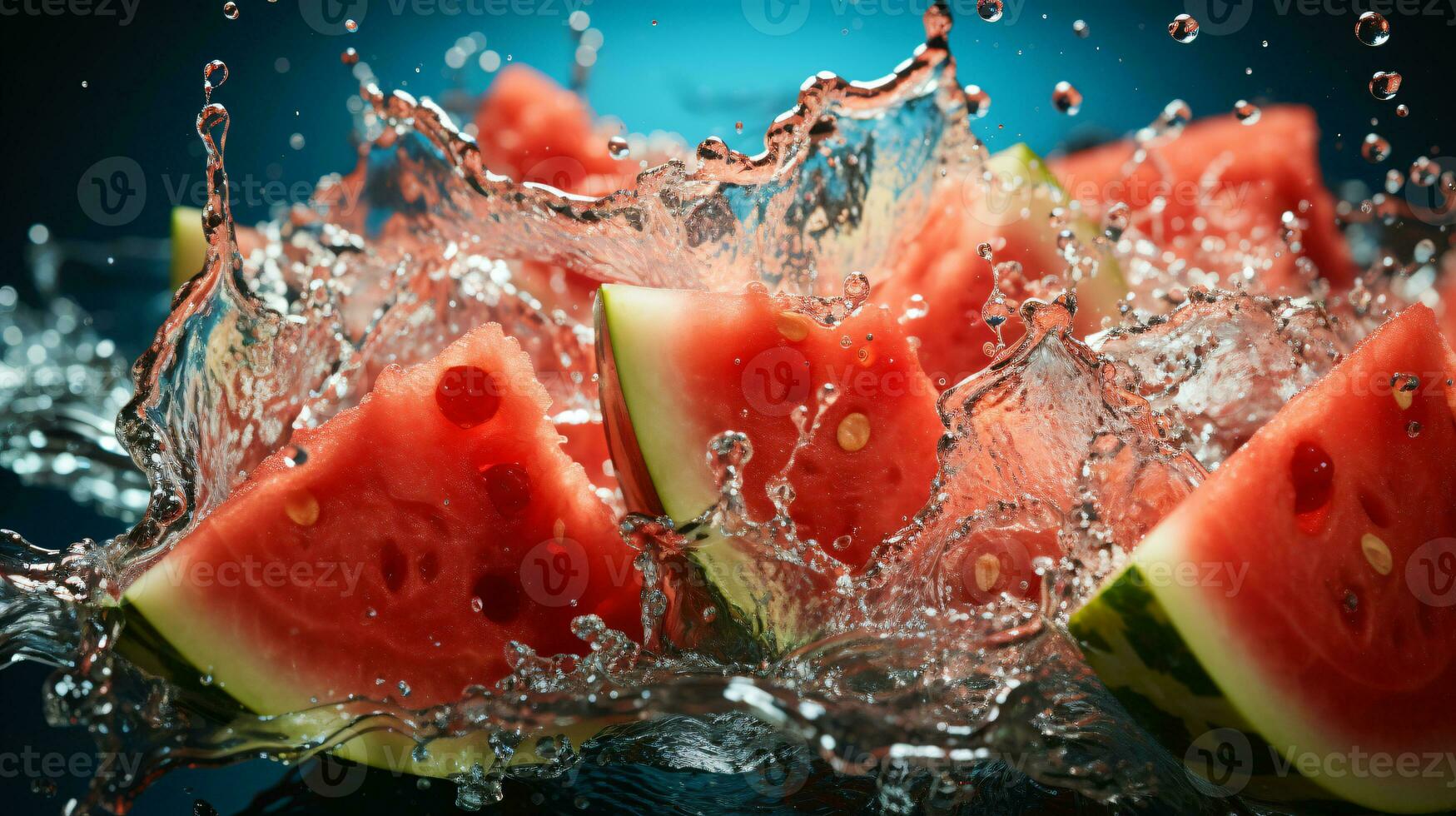 färsk bitar av vatten melon faller i vatten med stänk. ai generativ foto