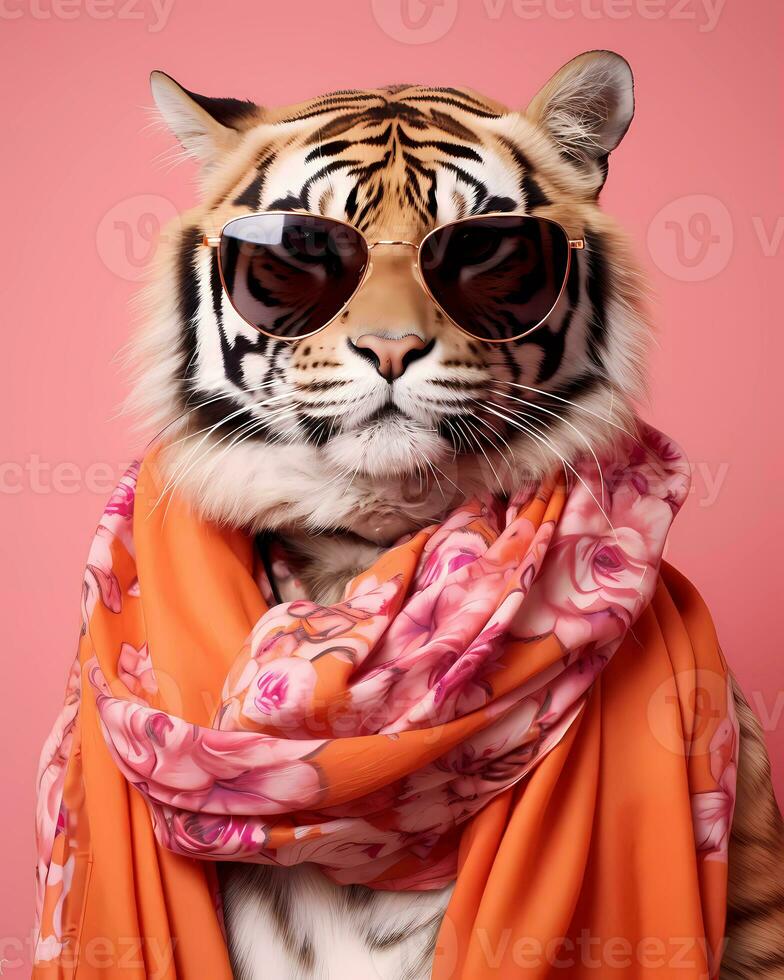 ai genererad stänga upp Foto av tiger med scarf. kopia Plats.