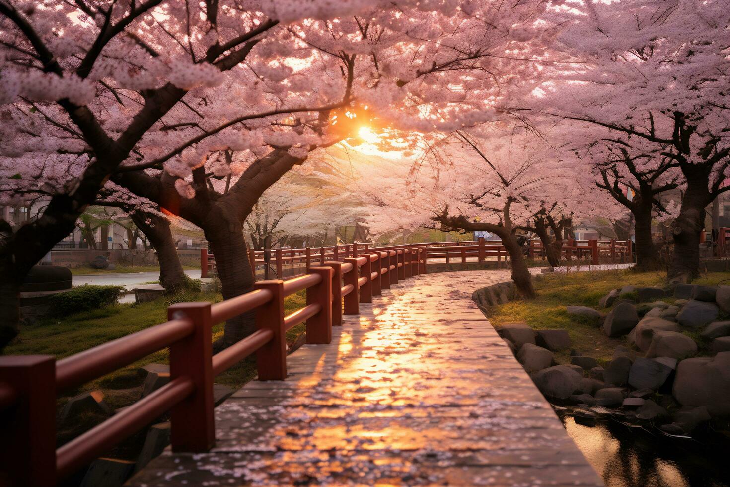 körsbär blomma parkera under solnedgång ai generativ foto