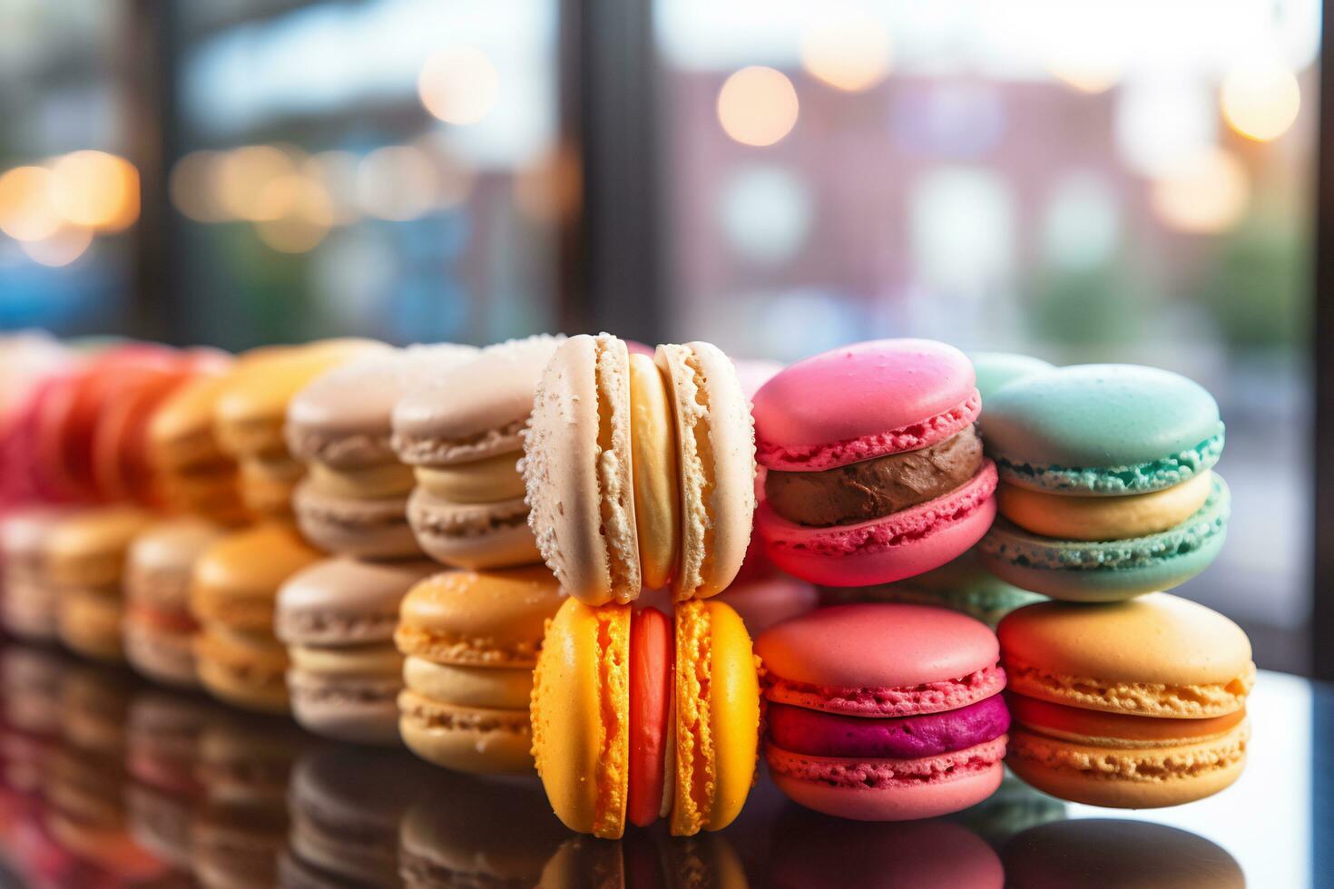 färgrik macarons är anordnad i en affär visa ai generativ foto