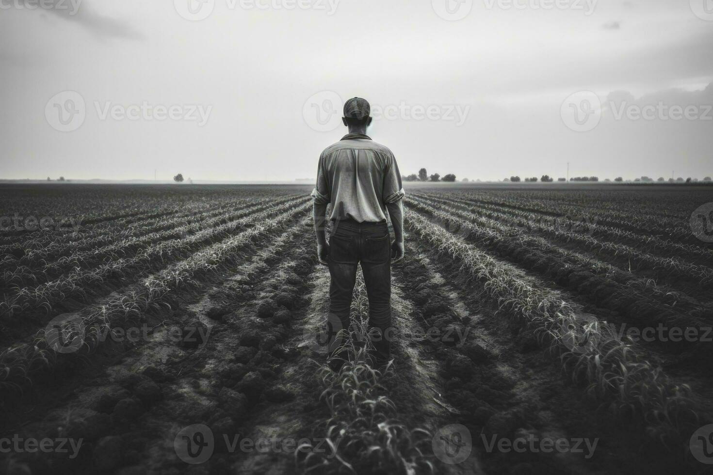 deprimerad jordbrukare stående ensam i omfattande improduktiv jordbruks fält under gråskale himmel foto