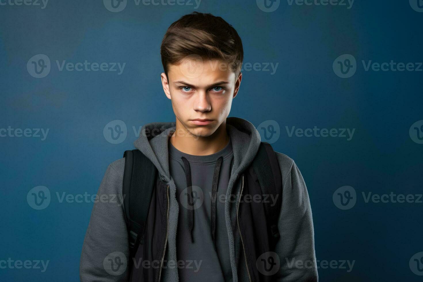 tonåring med dyster uttryck i skola hall isolerat på en lutning bakgrund foto