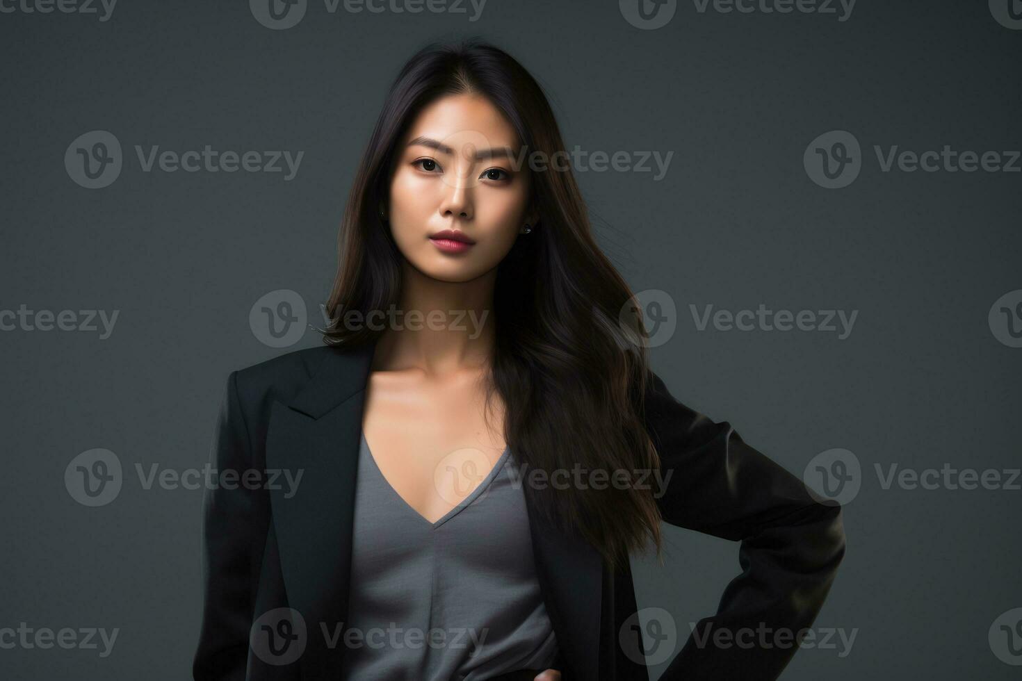 asiatisk modell i tillfällig kläder Framställ i enkel fast studio bakgrund ai generativ foto