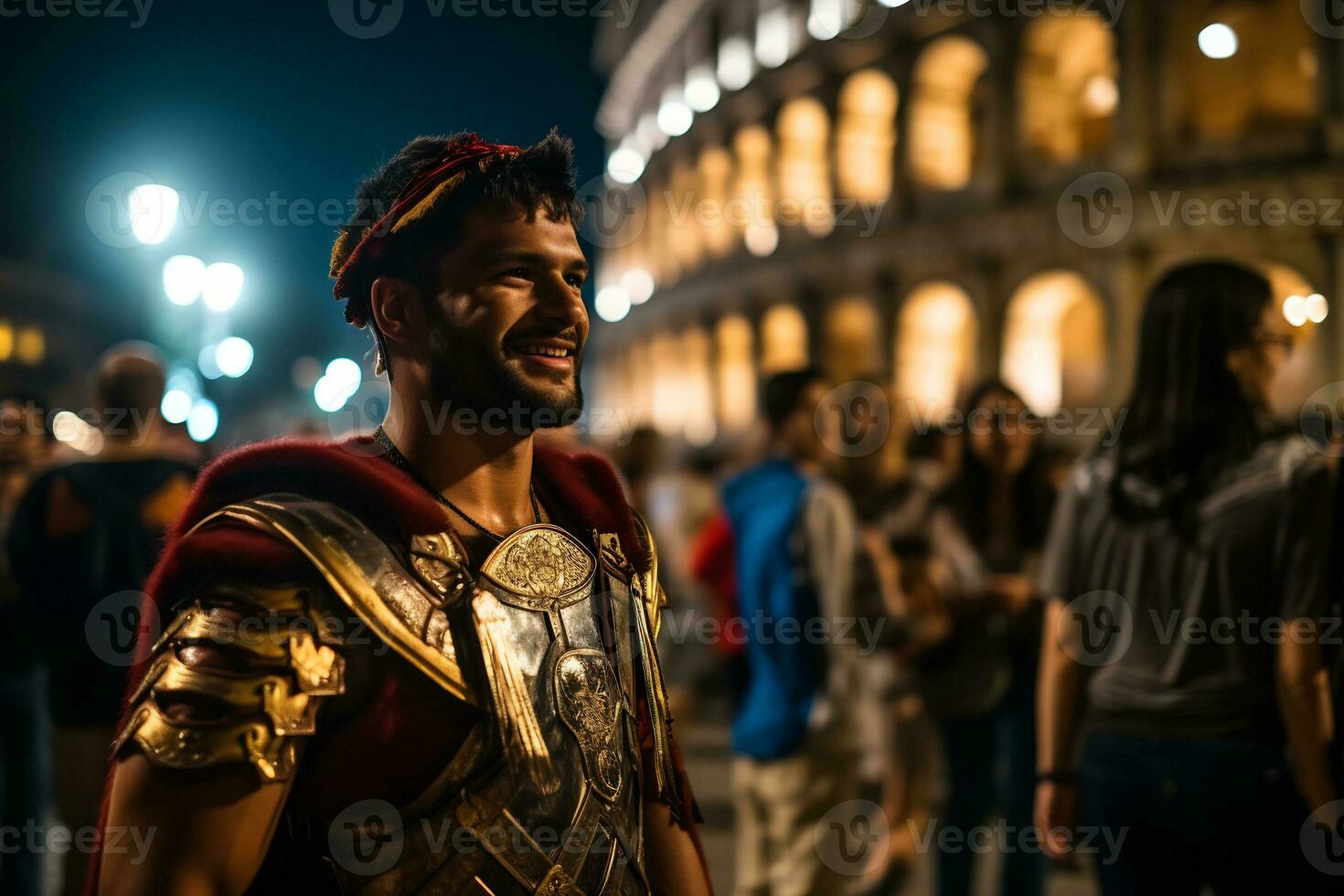 en gata artist klädd som en roman gladiator en Foto av en löpare tävlar genom en stad parkera ai generativ