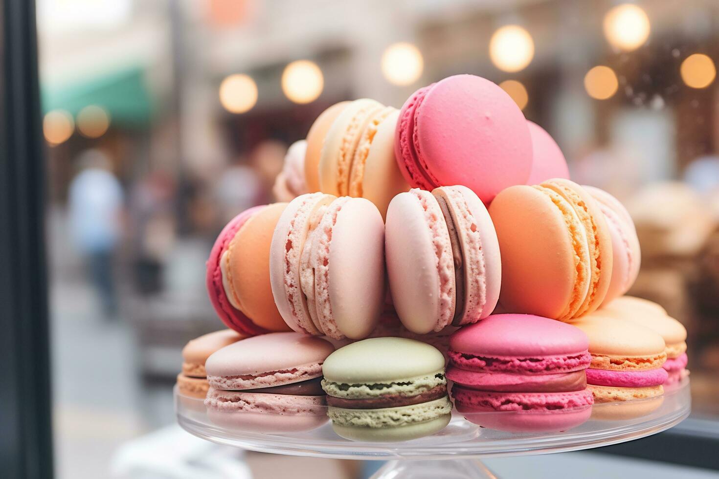 färgrik macarons är anordnad i en affär visa ai generativ foto