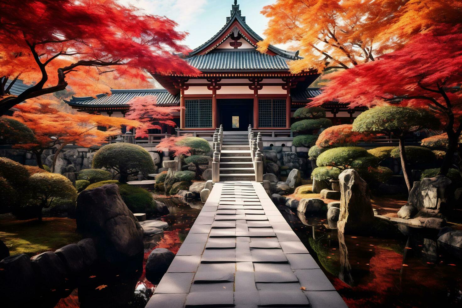 kyoto tempel Utsmyckad med vibrerande höst ai generativ foto