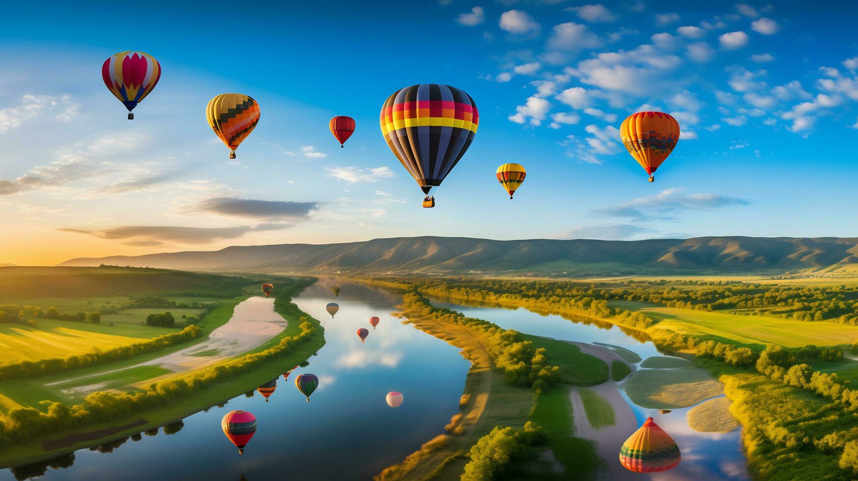 varm luft ballong över en landskap av floder och bergen generativ ai foto