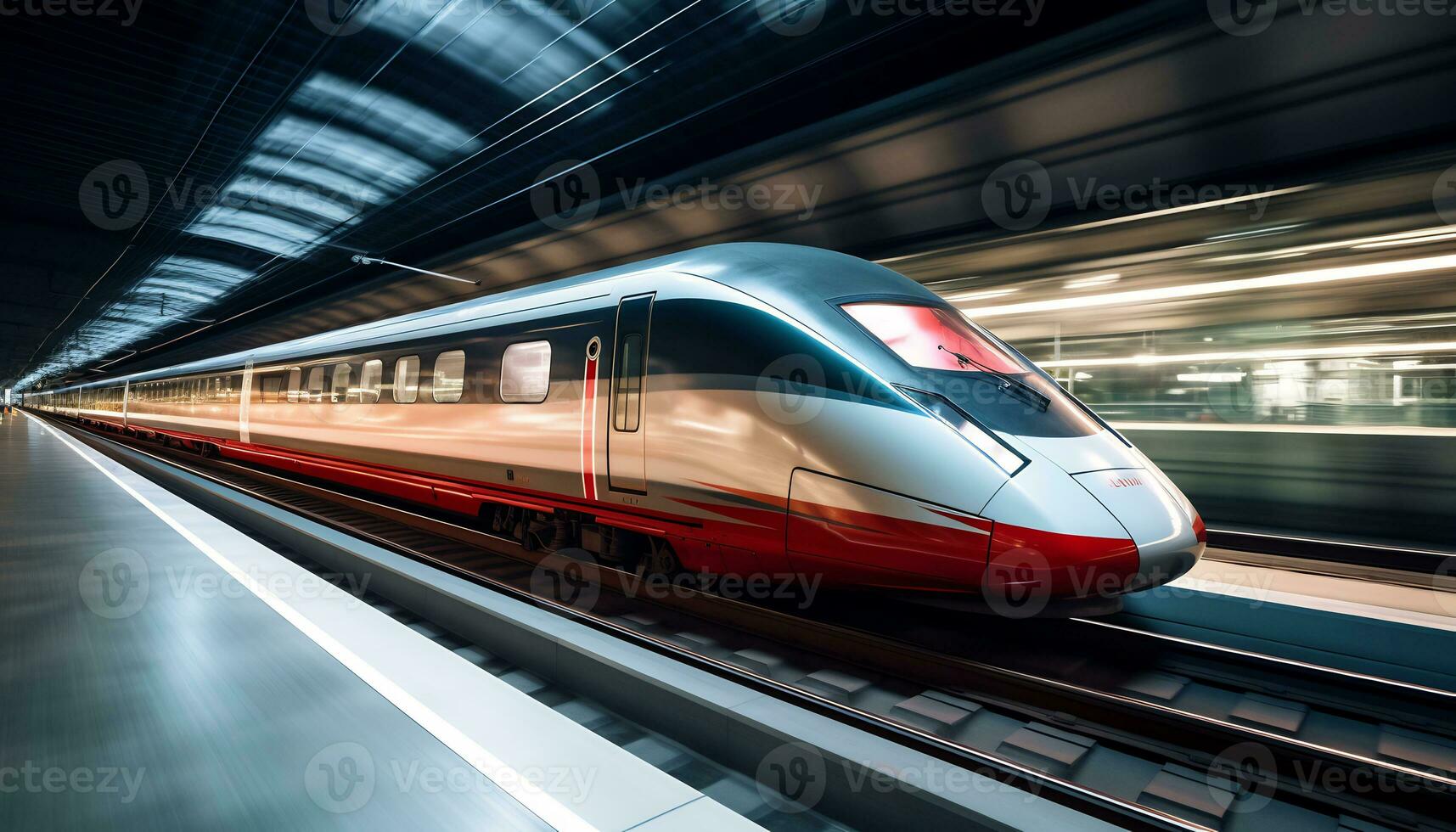 hög hastighet tåg tävlings längs de spår ai generativ foto